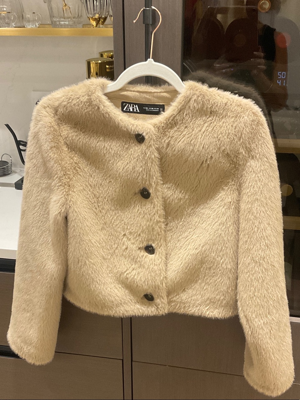 Zara Beige Faux Fur Cropped Teddy Jacket